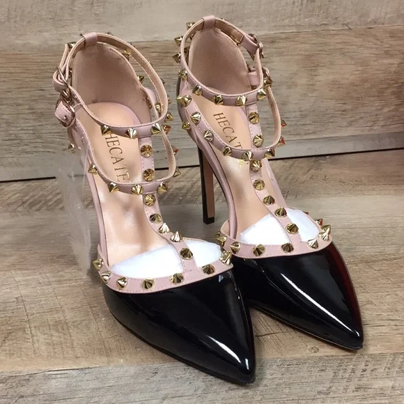 Hecater Ankle Strap Studded Patent Faux Leather Black and Cream Heels - Picture 4 of 9